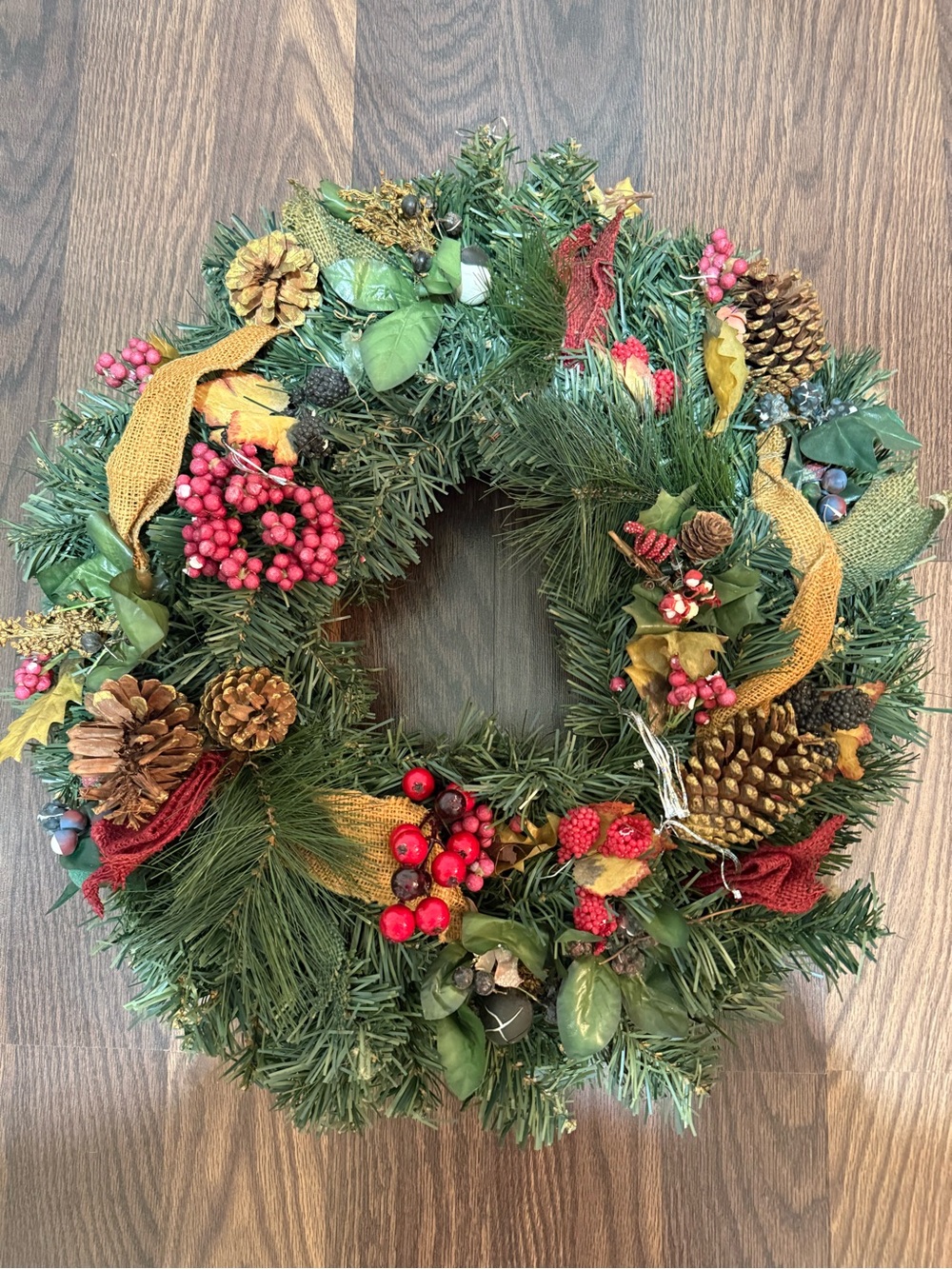 Festive Red & Green Holiday Wreath with Pinecones and Berries